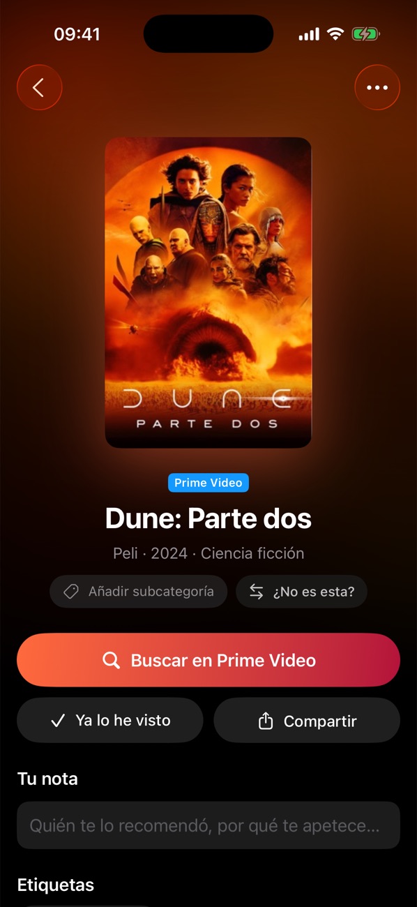 Ficha de Dune: Parte dos con «Buscar en Prime Video»