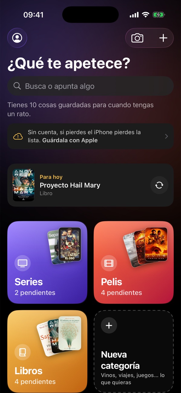 Inicio de Tuck: «¿Qué te apetece?», Para hoy y las tarjetas de Series, Pelis y Libros con sus portadas