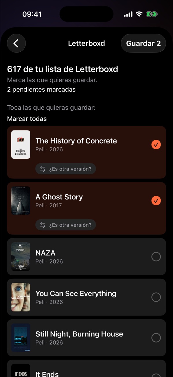 Importar de Letterboxd: 617 pelis de tu lista, con sus carteles, y dos marcadas para guardar